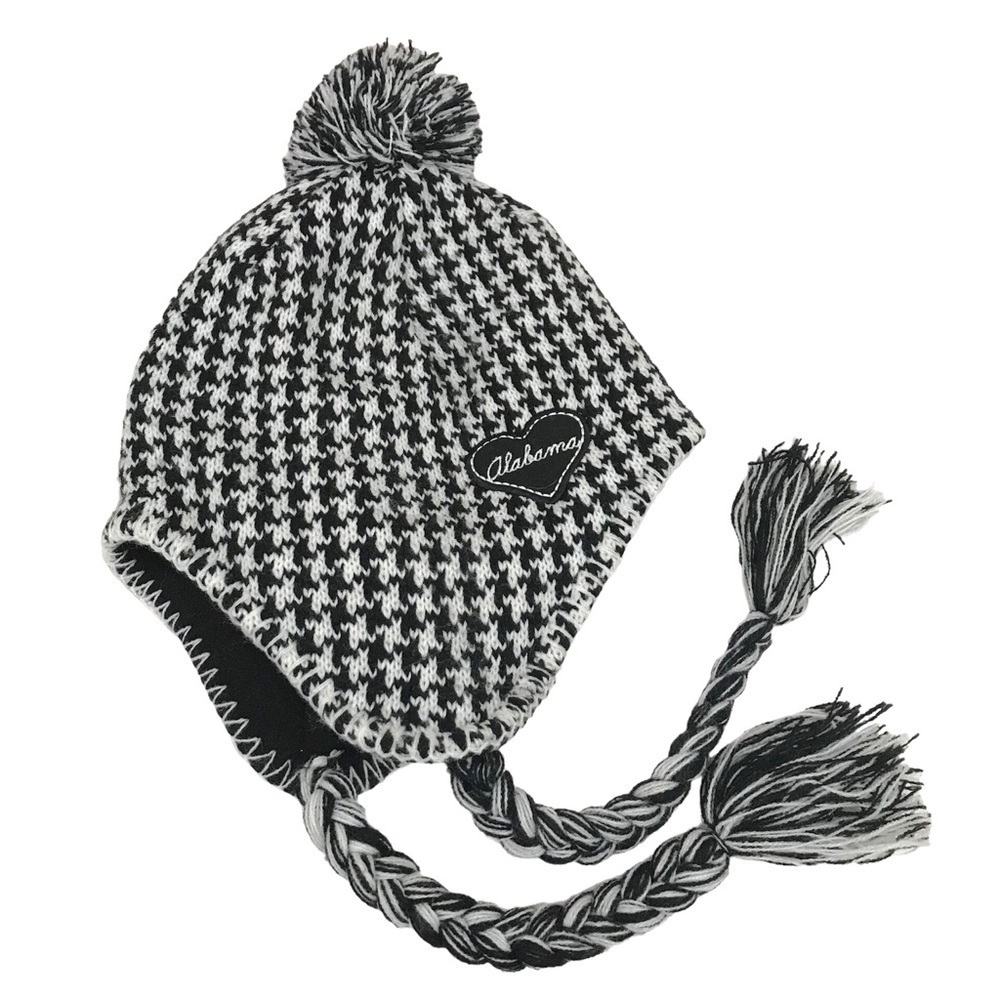 American Grown Knit Houndstooth Alabama Heart Pom-Pom Hat Ear Flaps Black White